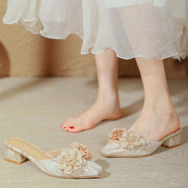 Women's Summer Fashion Lace Pattern Rose Design Low Heel Closed Toe Slippers