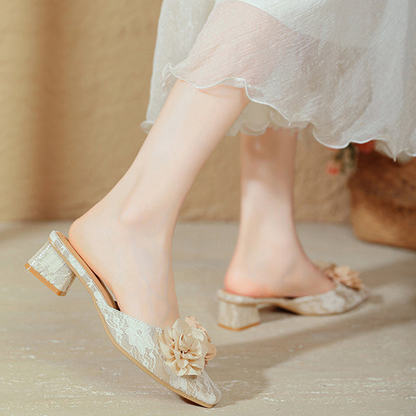Women's Summer Fashion Lace Pattern Rose Design Low Heel Closed Toe Slippers