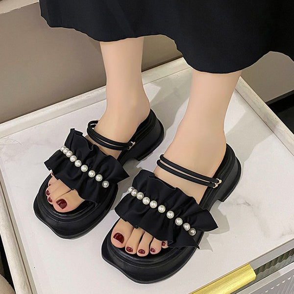 Women's Summer Casual Style Ruffled Round Toe Thick-soled Slippers