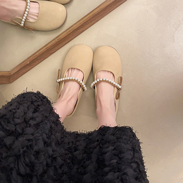 Women's Summer Casual French Pearl Bow Flat Closed Toe Slippers