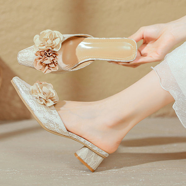 Women's Summer Fashion Lace Pattern Rose Design Low Heel Closed Toe Slippers
