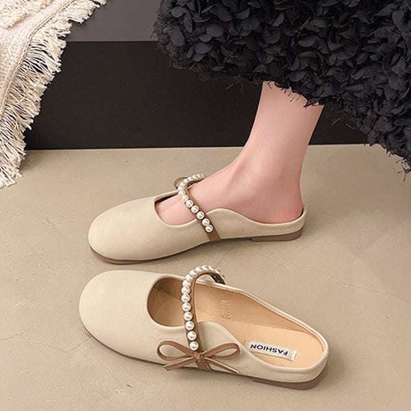 Women's Summer Casual French Pearl Bow Flat Closed Toe Slippers