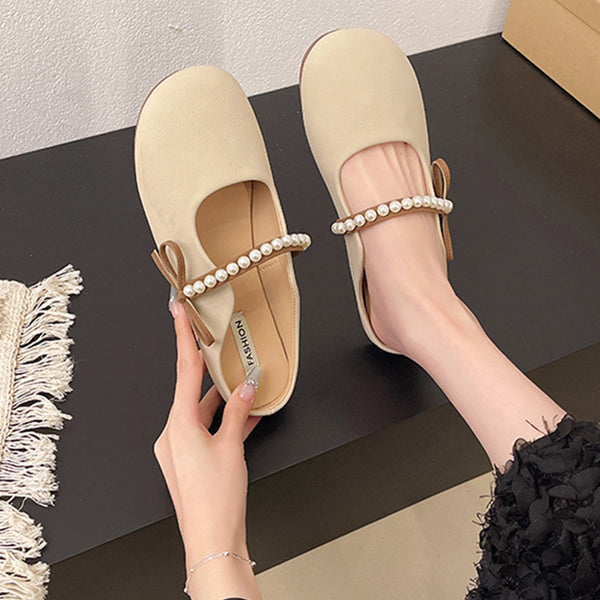 Women's Summer Casual French Pearl Bow Flat Closed Toe Slippers