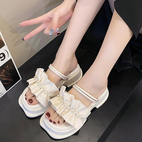 Women's Summer Casual Style Ruffled Round Toe Thick-soled Slippers