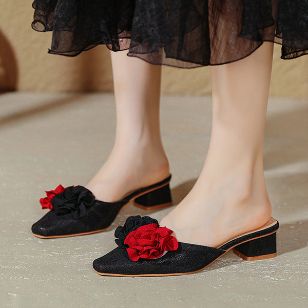 Women's Summer Fashion Lace Pattern Rose Design Low Heel Closed Toe Slippers