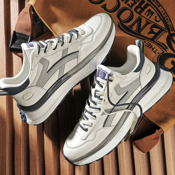 Men's Casual Comfortable Leather Soft Bottom Striped Non-Slip Sneakers