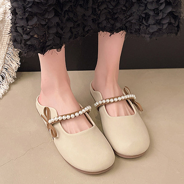 Women's Summer Casual French Pearl Bow Flat Closed Toe Slippers