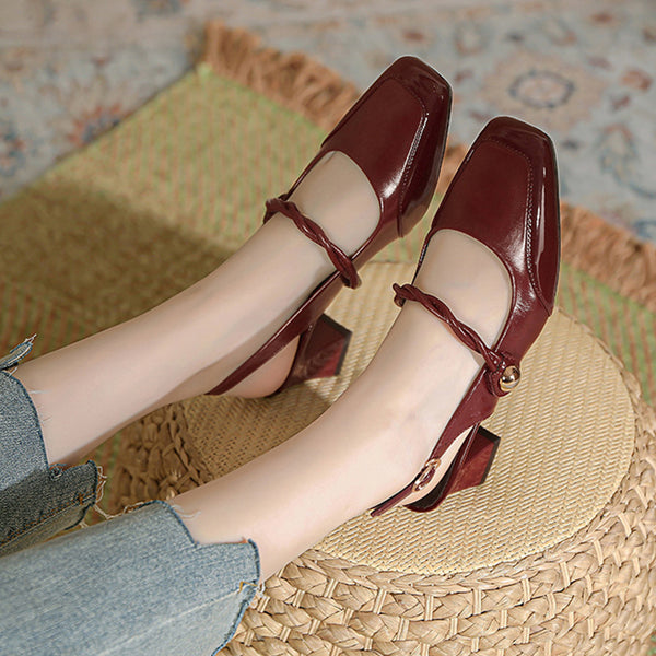 Women's Summer Square Toe Breathable Single Strap Thick Heel Closed Toe Sandals